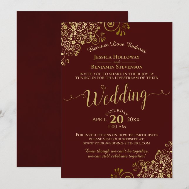 Elegant Burgundy & Gold Virtual Wedding Livestream Invitation (Front/Back)