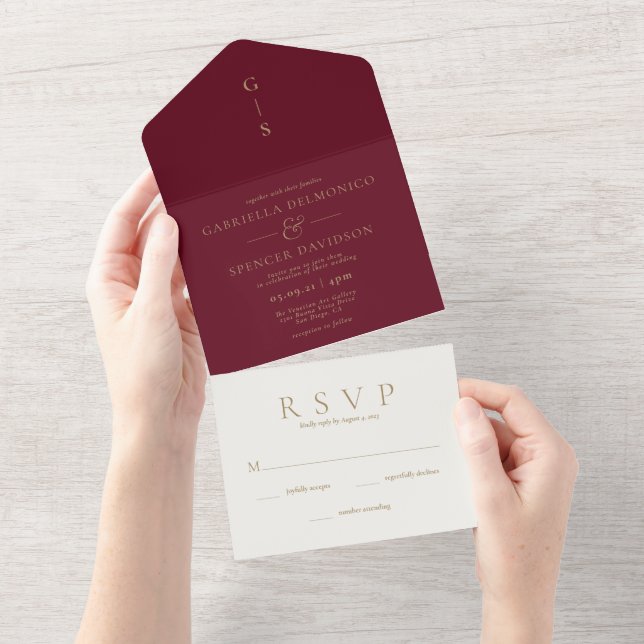 Elegant Burgundy Gold Wedding All In One Invitation (Tearaway)