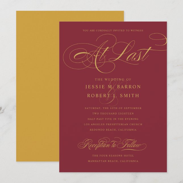 Elegant Burgundy Gold Wedding At Last Calligraphy Invitation (Front/Back)