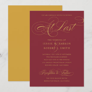 Elegant Burgundy Gold Wedding At Last Calligraphy Invitation