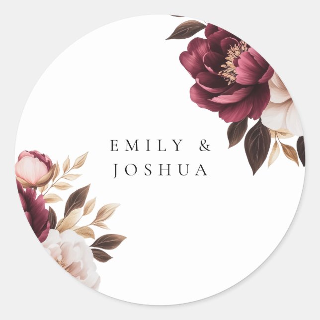 Elegant Burgundy Gold Wedding Classic Round Sticker (Front)