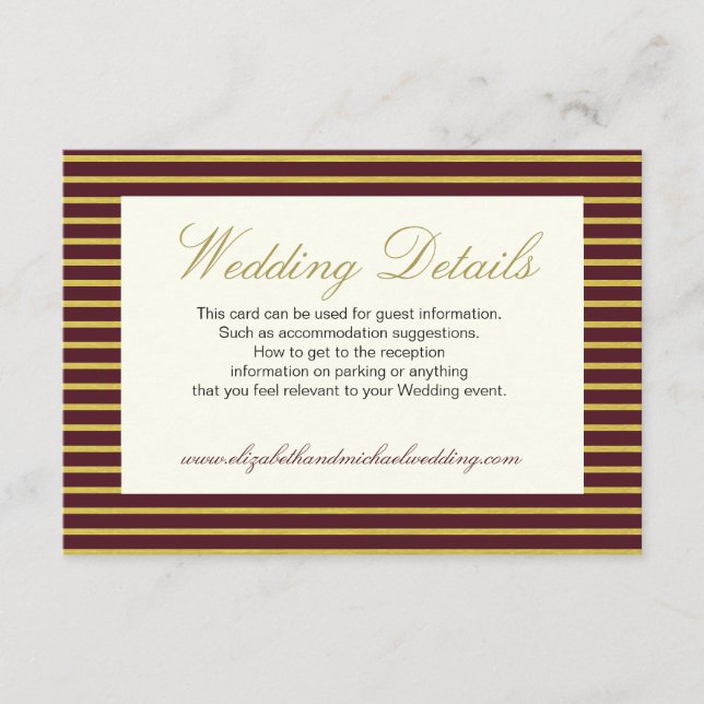 Elegant Burgundy Gold Wedding Details Enclosure Card (Front)