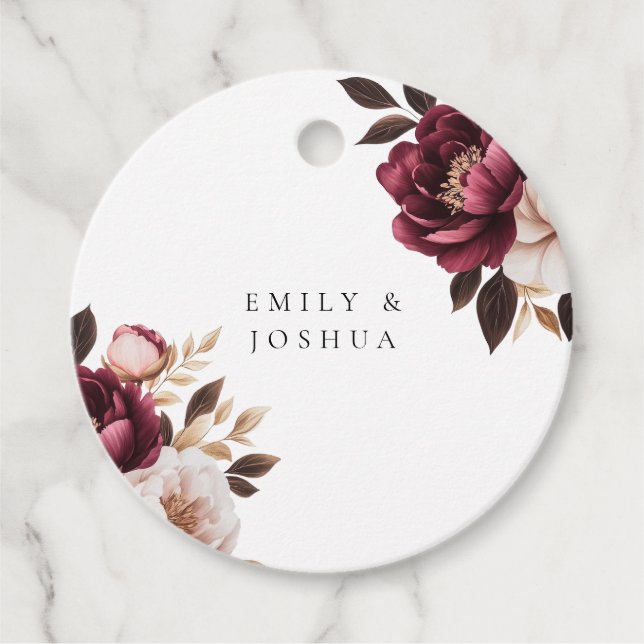 Elegant Burgundy Gold Wedding Favour Tags (Front)