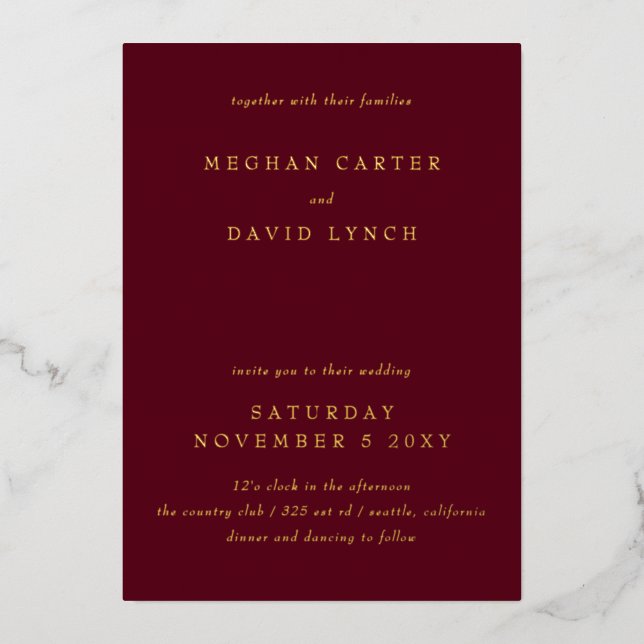 Elegant Burgundy Gold Wedding  Foil Invitation (Front)