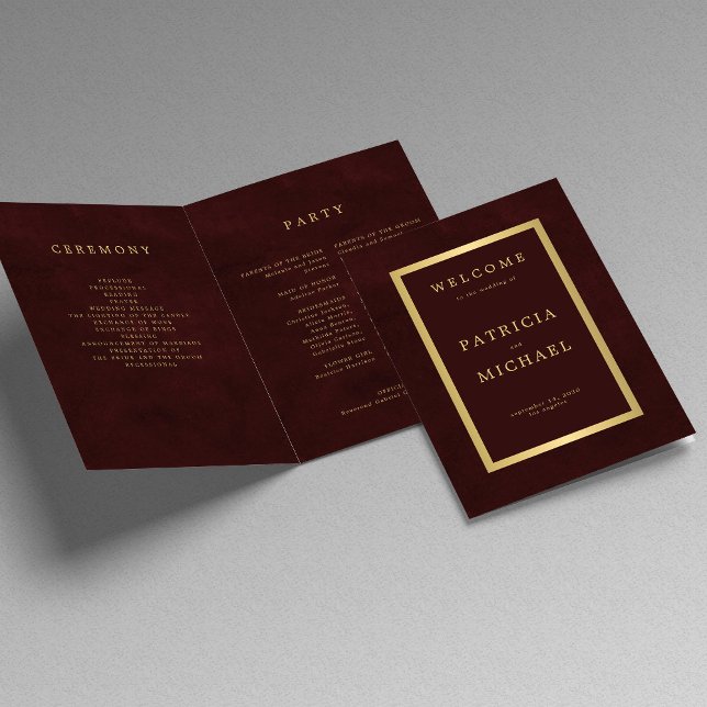 Elegant burgundy gold wedding folded program programme (Creator Uploaded)