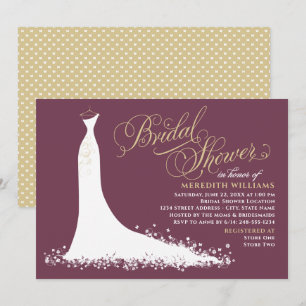 Elegant Burgundy Gold Wedding Gown Bridal Shower Invitation