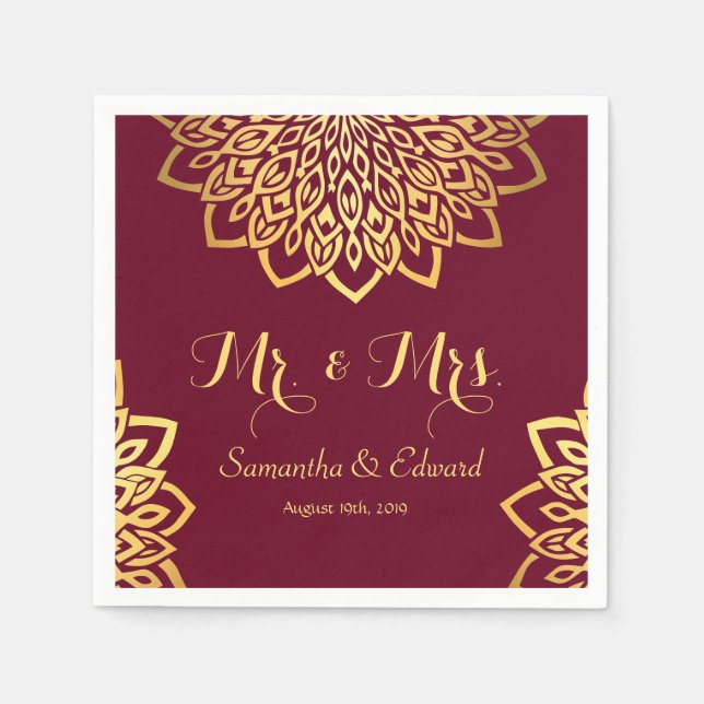 Elegant Burgundy Gold Wedding Napkin (Front)