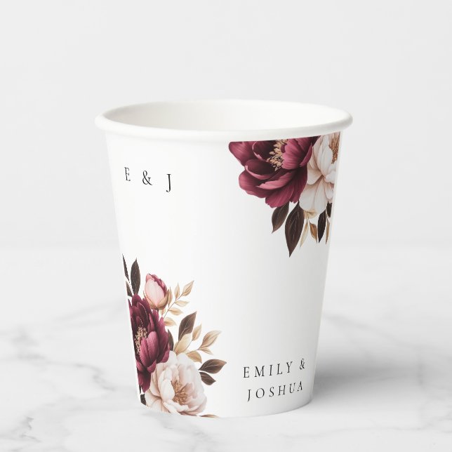 Elegant Burgundy Gold Wedding Paper Cups (Front)