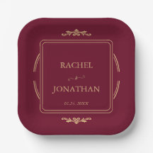 Elegant Burgundy Gold  Wedding Paper Plate