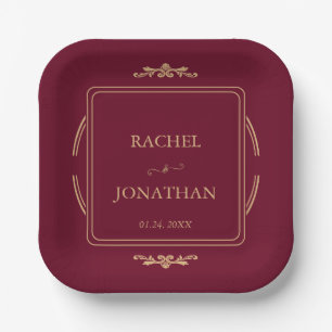 Elegant Burgundy Gold  Wedding Paper Plate