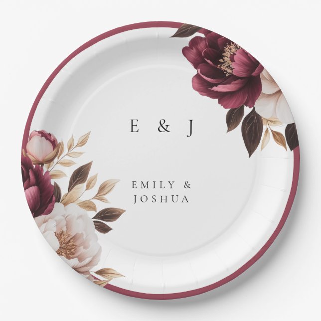 Elegant Burgundy Gold Wedding Paper Plate (Front)