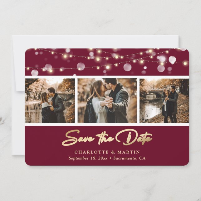 Elegant Burgundy Gold Wedding Photo Save The Date (Front)
