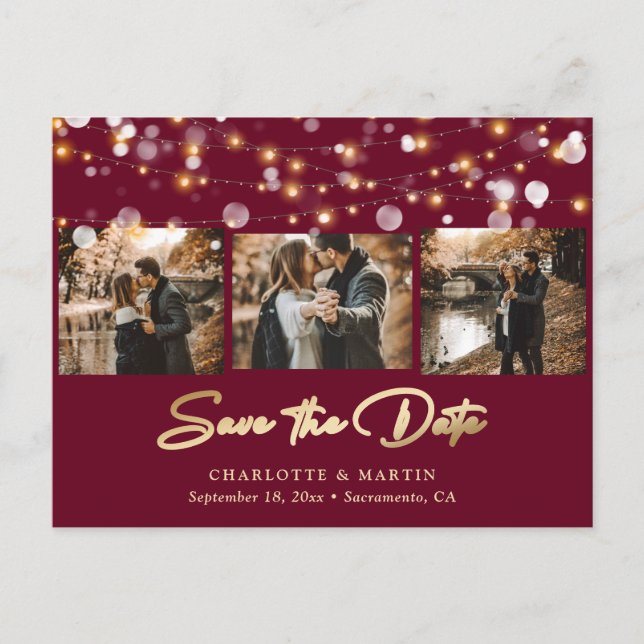 Elegant Burgundy Gold Wedding Photo Save The Date Announcement Postcard (Front)