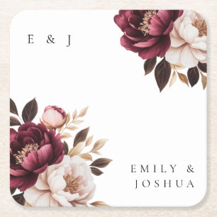 Elegant Burgundy Gold Wedding Square Paper Coaster