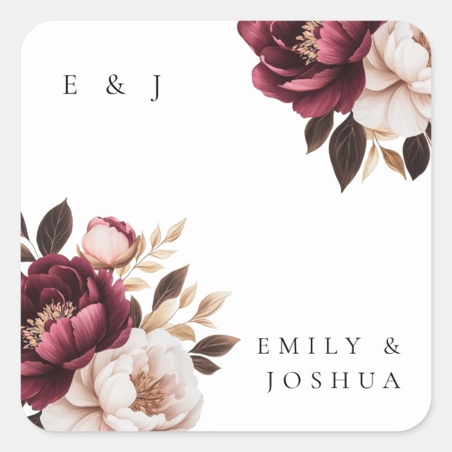 Elegant Burgundy Gold Wedding Square Sticker (Front)