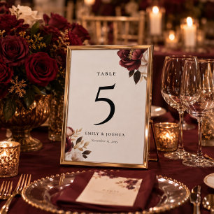 Elegant Burgundy Gold Wedding Table Number