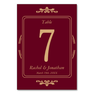 Elegant Burgundy & Gold Wedding Table Number Card