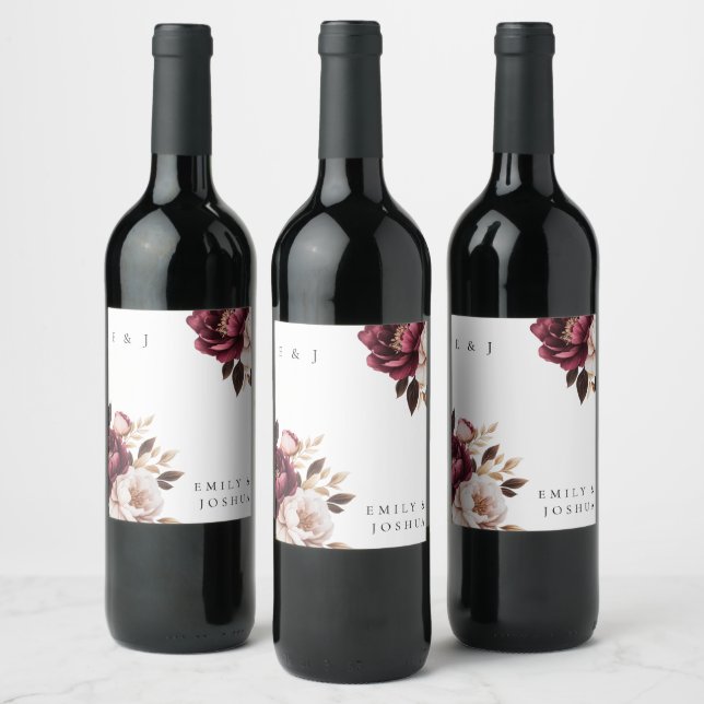 Elegant Burgundy Gold Wedding Wine Label (Bottles)