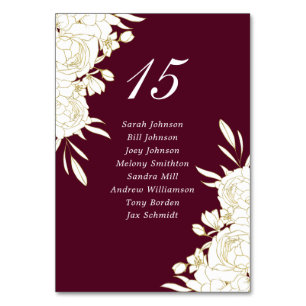 Elegant Burgundy Gold White Roses Names Wedding Table Number