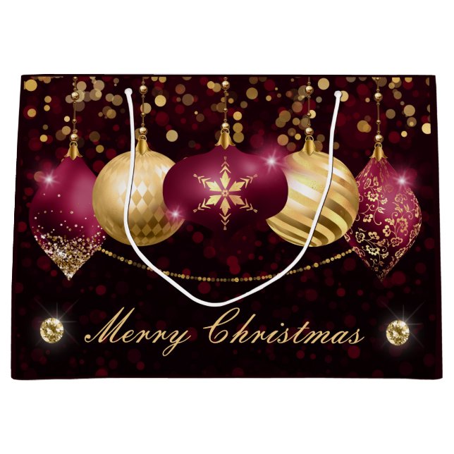 Elegant Burgundy & Gold Winter Baubles Christmas Large Gift Bag (Front)