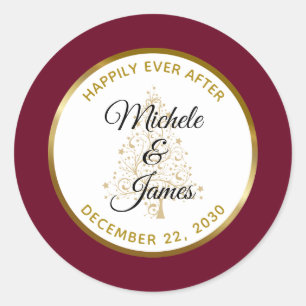 Elegant Burgundy Gold Winter Holiday Wedding Classic Round Sticker