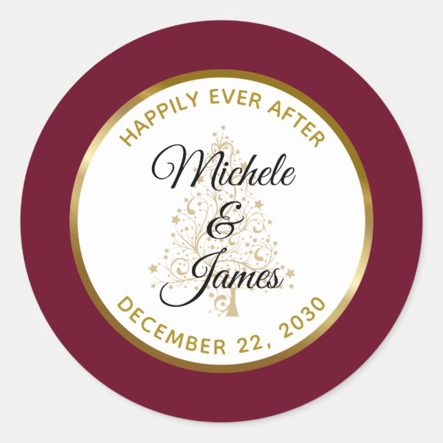 Elegant Burgundy Gold Winter Holiday Wedding Classic Round Sticker (Front)