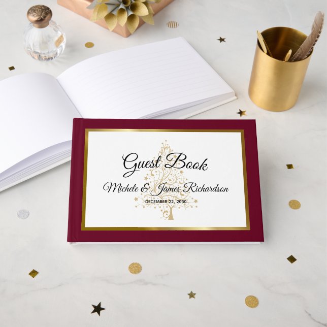 Elegant Burgundy Gold Winter Holiday Wedding Guest Book (Front Open)