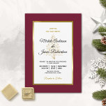 Elegant Burgundy Gold Winter Holiday Wedding Invitation<br><div class="desc">Invite your guests to help you celebrate your special day with this elegant invitation featuring modern script, gold and black text including a starry Christmas tree and metallic gold frame on the front. Perfect for a Christmas or winter wedding. A burgundy background is on the front and back of the...</div>
