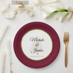 Elegant Burgundy Gold Winter Holiday Wedding Paper Plate