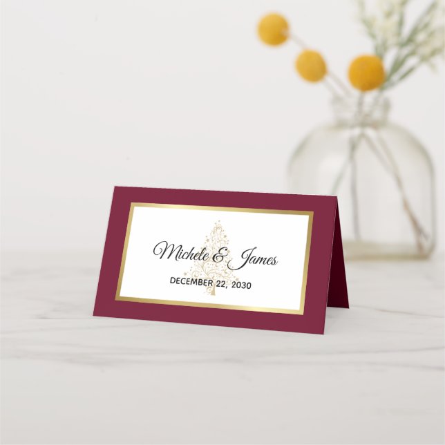 Elegant Burgundy Gold Winter Holiday Wedding Place Card (Front)