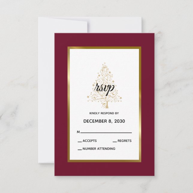 Elegant Burgundy Gold Winter Holiday Wedding RSVP Card (Front)