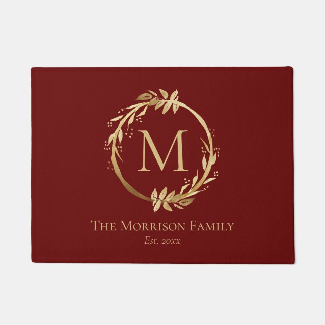 Elegant Burgundy Gold Wreath Family Name Monogram Doormat (Front)