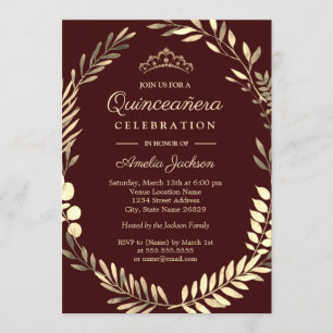 Elegant Burgundy Gold Wreath Quinceanera Invitation