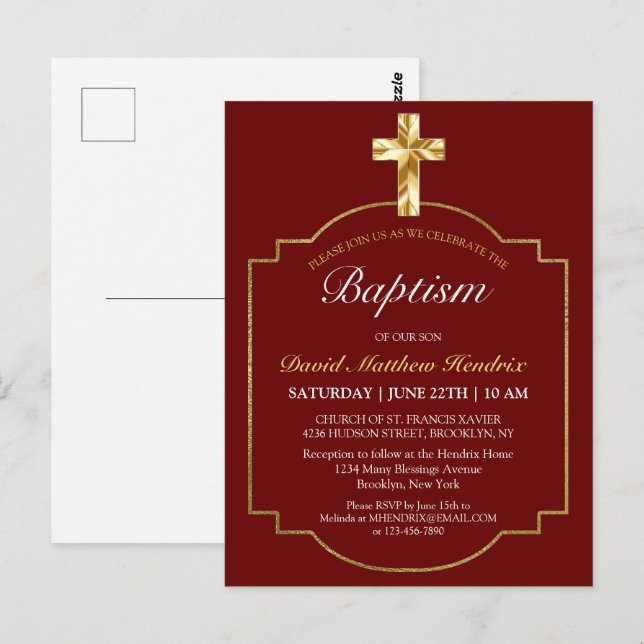 Elegant Burgundy Golden Cross Boys Baptism  Invita Postcard (Front/Back)