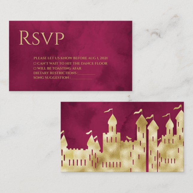 Elegant Burgundy &  Golden Fort Wedding Rsvp Card (Front/Back)