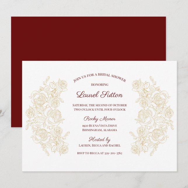 Elegant Burgundy & Golden Roses Bridal Shower Invitation (Front/Back)