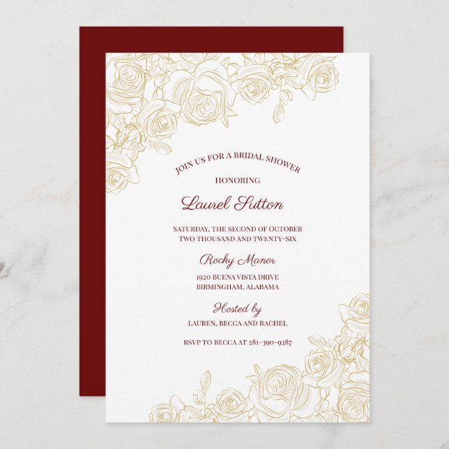 Elegant Burgundy & Golden Roses Bridal Shower Invitation (Front/Back)