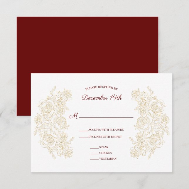 Elegant Burgundy & Golden Roses Reply Card (Front/Back)