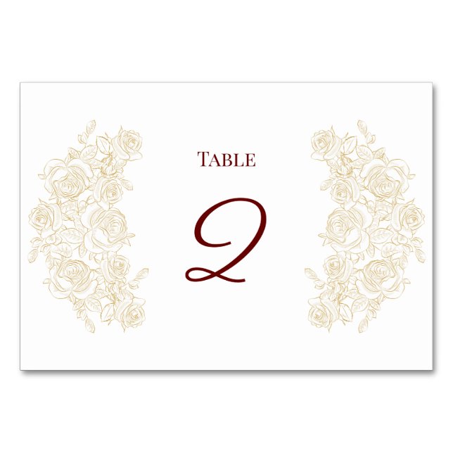 Elegant Burgundy & Golden Roses Table Card (Front)