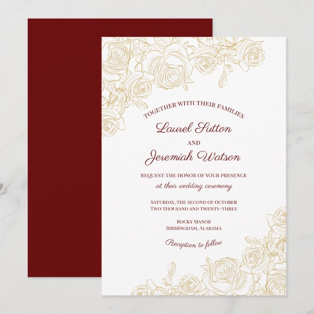 Elegant Burgundy & Golden Roses Wedding Invitation (Front/Back)