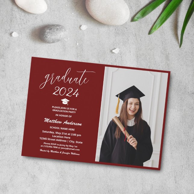 Elegant Burgundy Graduate 2024 Graduation Photo Invitation (Creator Uploaded)