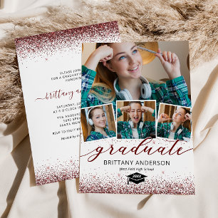 Elegant Burgundy Graduation 4 Photo Invitation