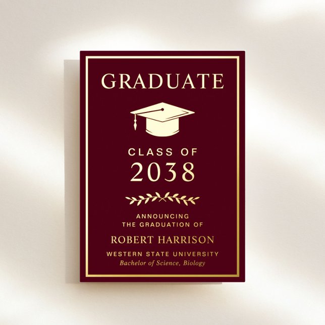 Elegant Burgundy Graduation Foil Announcement (An elegant college graduation foil announcement to celebrate the graduate's achievements)