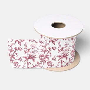 Elegant Burgundy Grandmillennial Toile Floral Satin Ribbon