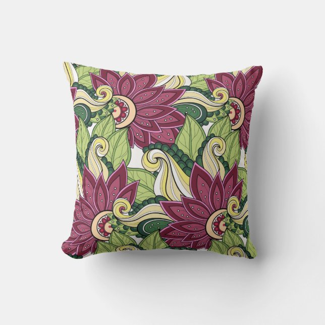 Elegant Burgundy Green Yellow Flowers And Swirl Cushion (Front)