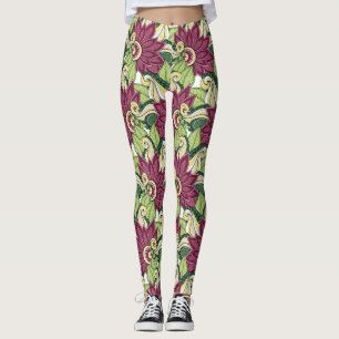 Elegant Burgundy Green Yellow Flowers And Swirl Leggings