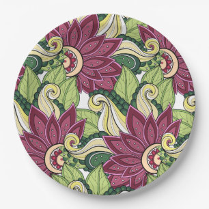 Elegant Burgundy Green Yellow Flowers And Swirl Paper Plate