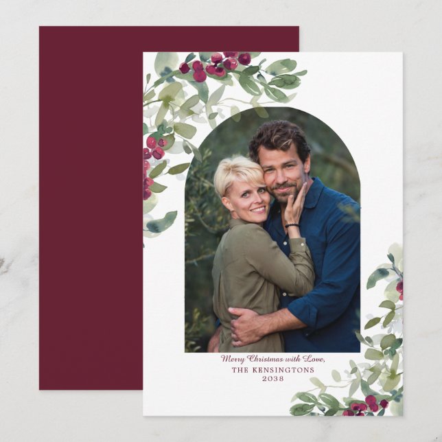 Elegant Burgundy Greenery Arch Christmas Photo Holiday Card (Front/Back)