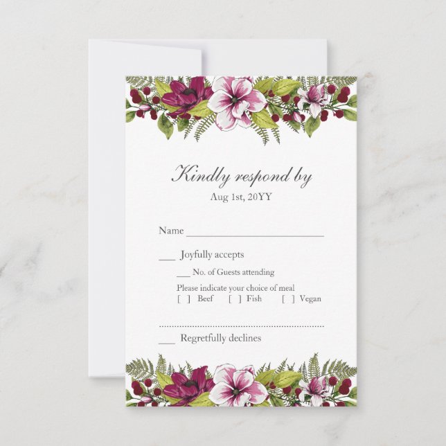 Elegant Burgundy Greenery Floral Wedding QR Code RSVP Card (Front)