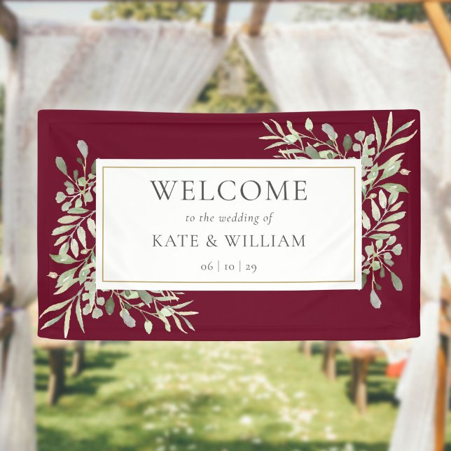 Elegant Burgundy Greenery Wedding Welcome Banner (Creator Uploaded)